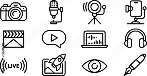 Media Production Editable Line Icons Set – Camera, Microphone, Video, Podcast, Live Stream Vector