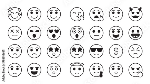 Comprehensive collection of minimalist black and white line art emoji icons showing various facial expressions and emotions
