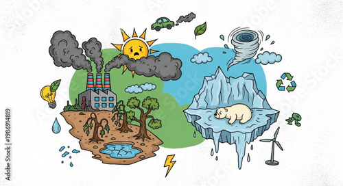 Global Warming and Climate Change Illustration with Industrial Pollution and Melting Ice.