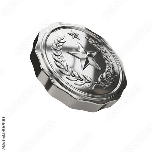 Shiny silver coin with star and laurel wreath isolated on transparent background