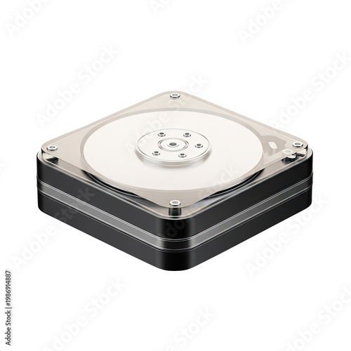 Hard drive with a black base and silver metal top isolated on transparent background