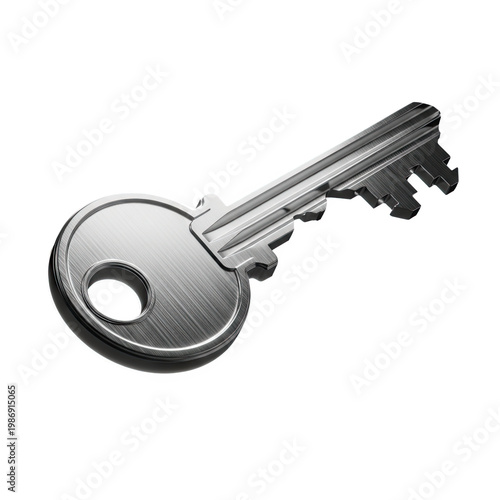 A shiny silver key isolated on transparent background with a circular hole