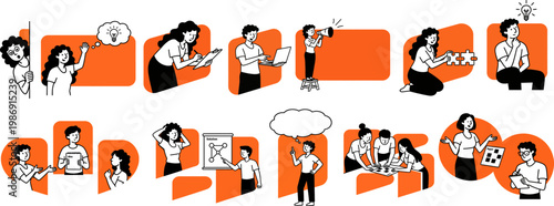 Creative Business People Working Together on Ideas and Strategy with Orange Shapes