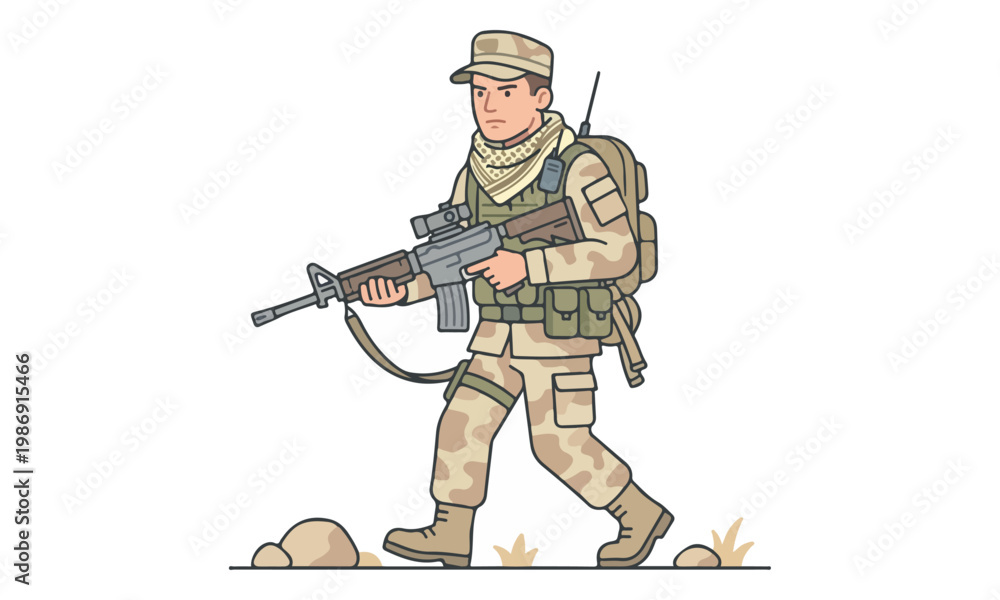 Naklejka premium Soldier in Desert Camouflage Walking with Rifle Vector Illustration