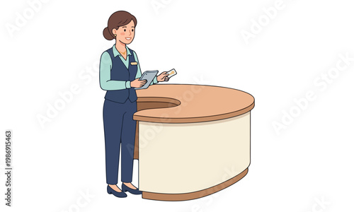 Hotel Receptionist with Tablet and Key Card at Reception Desk
