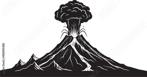 Erupting volcano, black silhouette, mountain landscape, vector illustration, geology, natural disaster
