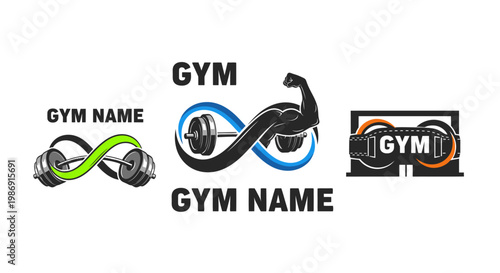 Gym logo with dumbbell and kettlebell.