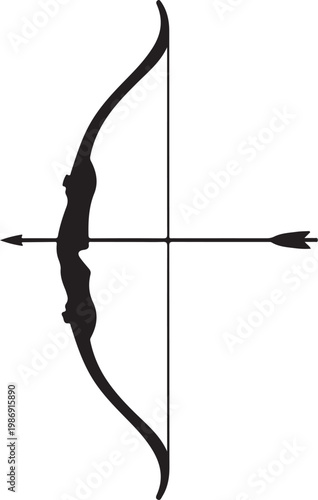 Black bow and arrow, archery equipment, hunting gear, vector icon