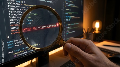 magnifying glass emphasizing critical bug null pointer exception error in programming source code software developer debugging system failure concept