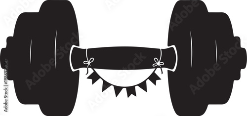 Black dumbbell icon, fitness symbol, workout equipment, exercise weight, vector graphic