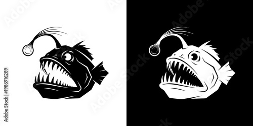 Anglerfish Logo Silhouette Featuring Sharp Teeth and Glowing Lure Design