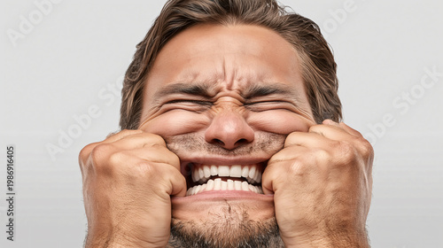 Frustrated Expression A close-up shot of a man's face, contorted in a display of intense frustration, with clenched fists adding to the raw emotion.