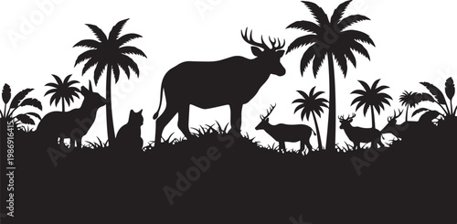 Tropical jungle wildlife silhouettes, exotic animal icons, palm tree landscape, black vector graphics