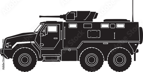 Military truck, armored vehicle, black illustration, vector graphics, tactical transport
