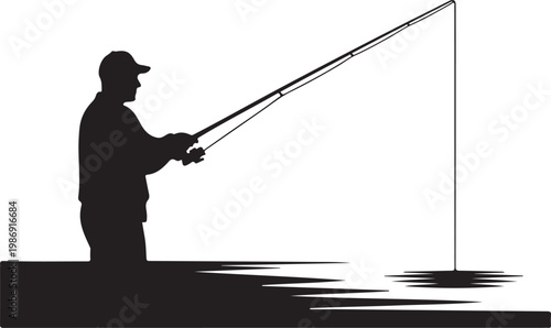 Fishing, silhouette of man fishing, black icon, vector illustration, outdoor recreation