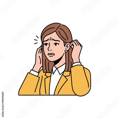 Woman with hands on ears looking confused.