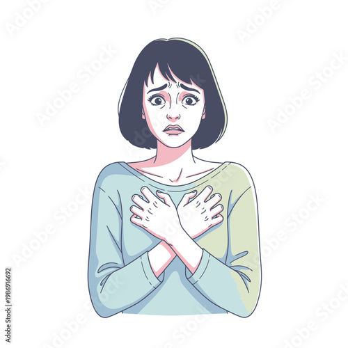 Woman with hands on chest looking worried.