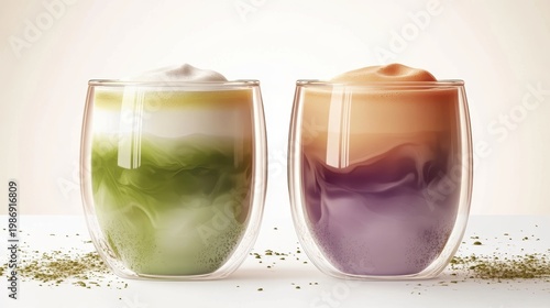 Ube and Matcha drink on white background,Iced Ube Latte,and matcha latte,PopularTrendy Purple Coffee Shop,plant based recipes,superfood,menu and banner,Healthy and wellness concept.