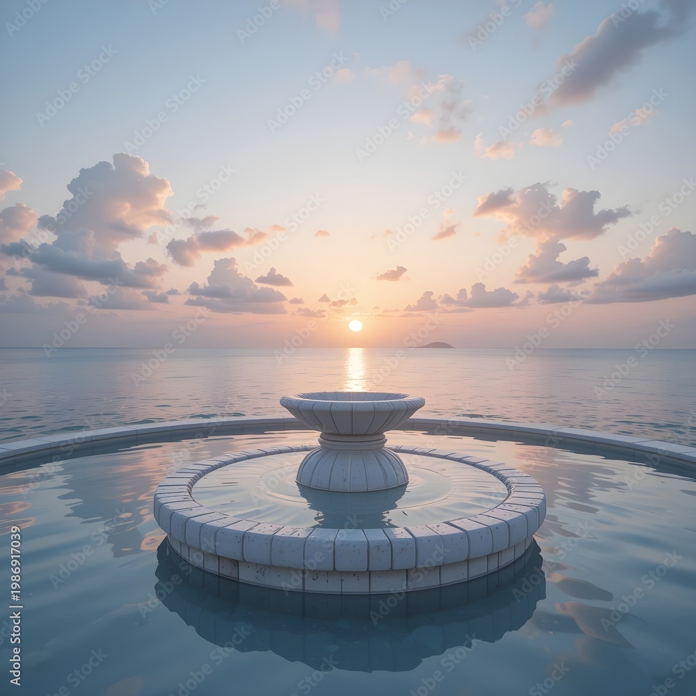 Obraz premium A white stone pedestal sitting in a shallow, perfectly still pool of water that reflects a soft-focus tropical sunset