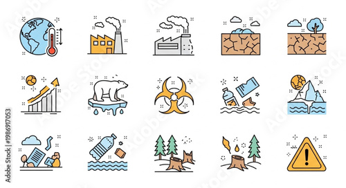Global Warming and Environmental Issues Illustrated with Line Art Icons.