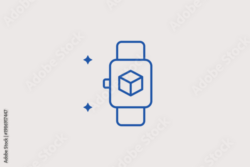 Smartwatch with a 3D cube icon for wearable spatial apps. Modern Vector Illustration and line icon is ideal for gadget notifications and fitness tracking interfaces.