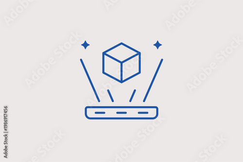 Holographic projector displaying a 3D cube in mid-air. Futuristic Vector Illustration and line icon is ideal for hologram technology and sci-fi interface designs.