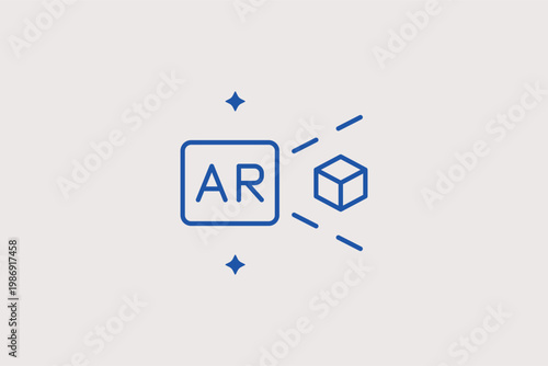 AR label with a floating 3D cube representing augmented reality mobile apps. Informative Vector Illustration and line icon is ideal for retail AR, education, and tech marketing.