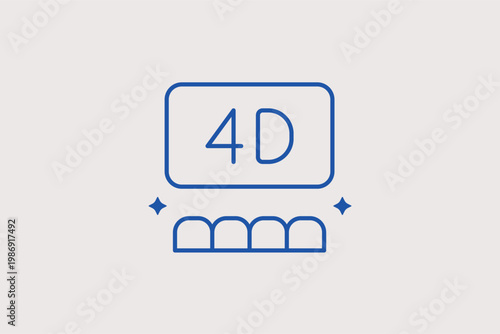 Cinema screen with a 4D label and seating for immersive theater experiences. Thematic Vector Illustration and line icon is ideal for 4D movie theaters and attraction signage.