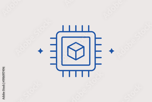 Integrated circuit microchip with a 3D cube representing a graphics processor. Powerful Vector Illustration and line icon is perfect for GPU specs, hardware engineering, and AI computing.