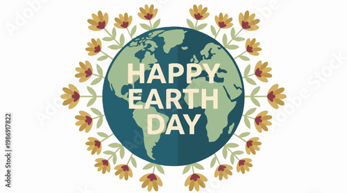 Happy Earth Day illustration with globe surrounded by decorative flowers