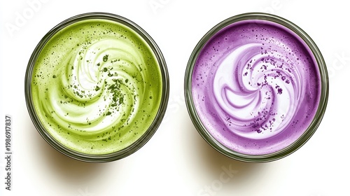 Ube and Matcha drink on white background,Iced Ube Latte,and matcha latte,PopularTrendy Purple Coffee Shop,plant based recipes,superfood,menu and banner,Healthy and wellness concept.
