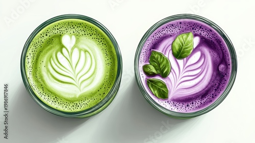 Ube and Matcha drink on white background,Iced Ube Latte,and matcha latte,PopularTrendy Purple Coffee Shop,plant based recipes,superfood,menu and banner,Healthy and wellness concept.