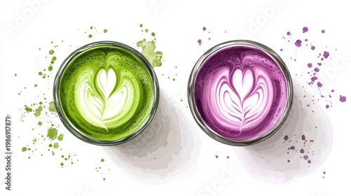 Ube and Matcha drink on white background,Iced Ube Latte,and matcha latte,PopularTrendy Purple Coffee Shop,plant based recipes,superfood,menu and banner,Healthy and wellness concept.