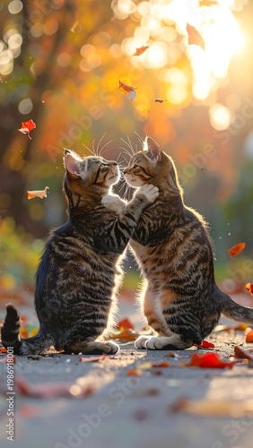 Two cats playfully interacting on a path covered with autumn leaves