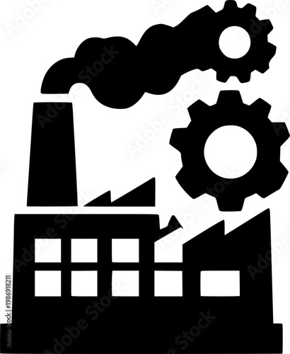 Industrial Factory Building Icon with Mechanical Gears and Smoke Vector