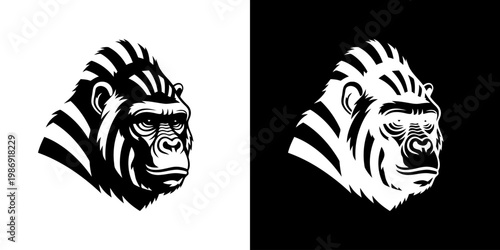 Gorilla Head Logo Illustration with Minimalist Stripe Pattern