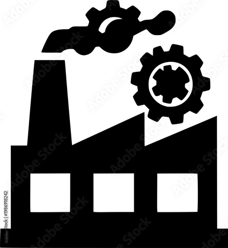 Industrial Factory Building Icon with Mechanical Gears and Smoke Vector