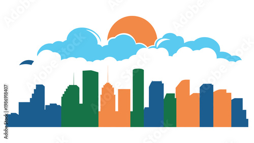 A colorful city skyline at sunset with vibrant buildings and clouds