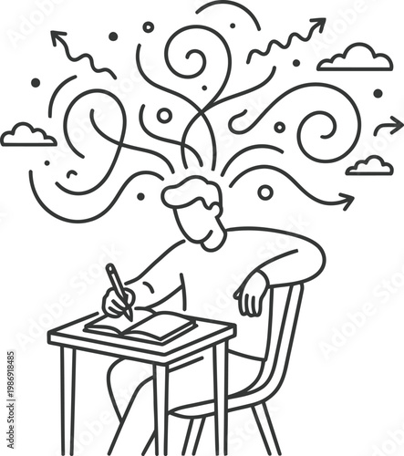 Visual representation of creative thinking as person sits at desk