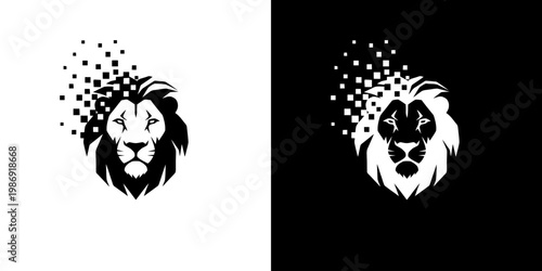 Lion Head Logo with Digital Pixel Dispersion Effect for Modern Branding