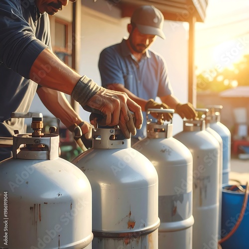 Two men working with large propane tanks outdoors at sunset