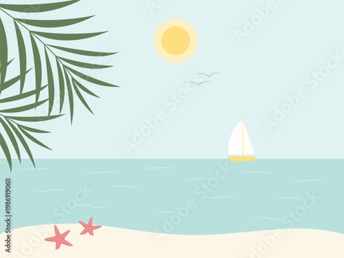 Summer card with tropical leaves, sea, sun, boat, starfish
