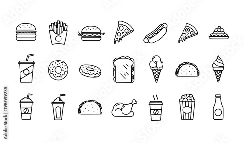 Fast food outline icon set black and white vector UI UX food symbols collection