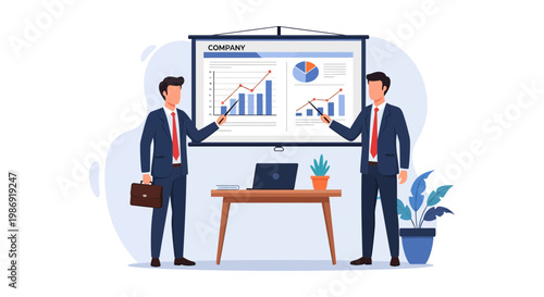 Two businessmen presenting company growth charts and data on a projection screen during a corporate meeting.