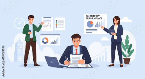 Business professionals analyzing quarterly performance reports and charts during a team meeting.