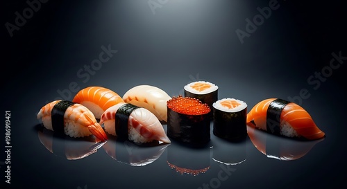 Assortment of fresh sushi and nigiri with salmon shrimp and caviar.