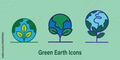 Three stylized icons depict a growing earth with leaves and a vibrant green color scheme