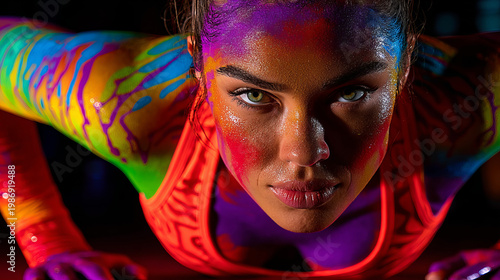Female Athlete with Body Paint Doing Push Ups for Fitness Concept