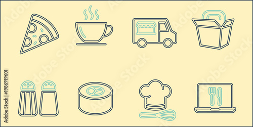 A collection of simple line icons representing various food items and cooking elements