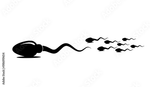 Leading sperm cell with trailing group silhouette vector illustration for fertilization and competition concept